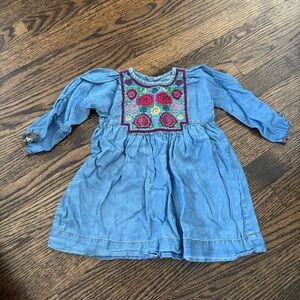 Pink Chicken Denim Dress with Floral Embroidery